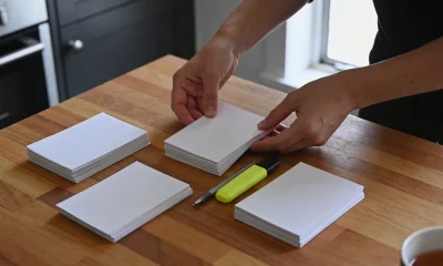 Hands sorting blank papers into three neat piles with a pen and yellow highlighter on a warm timber kitchen table.