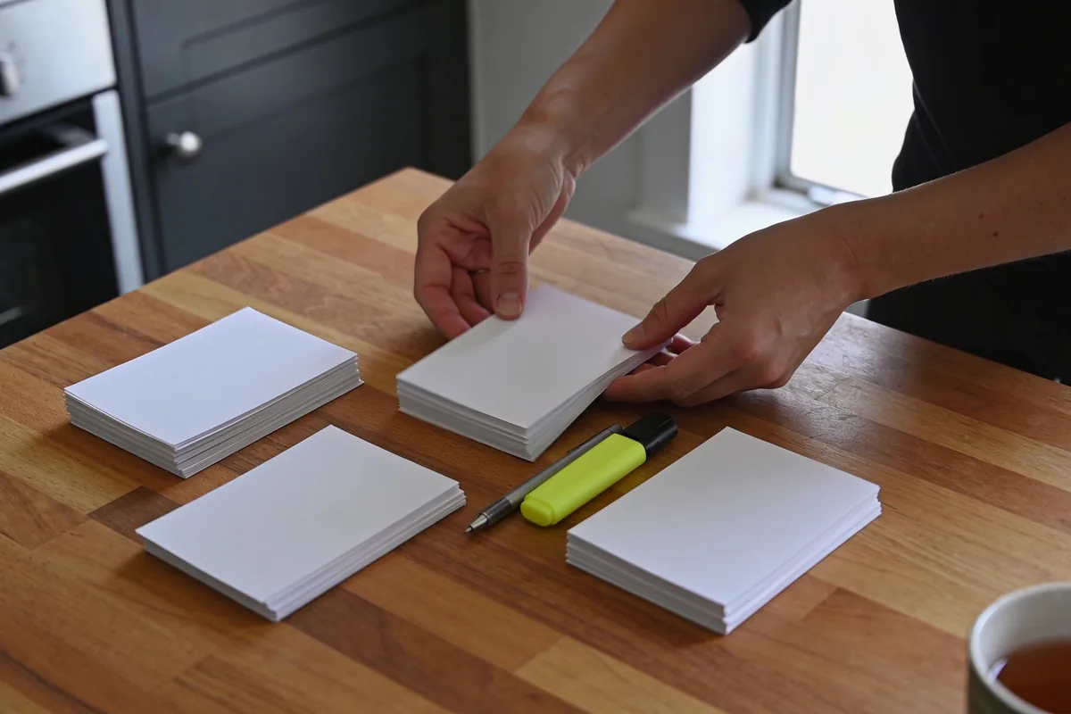 Hands sorting blank papers into three neat piles with a pen and yellow highlighter on a warm timber kitchen table.