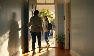 A support worker holding the front door open as a young woman with a backpack steps out of a sunlit Melbourne terrace house.