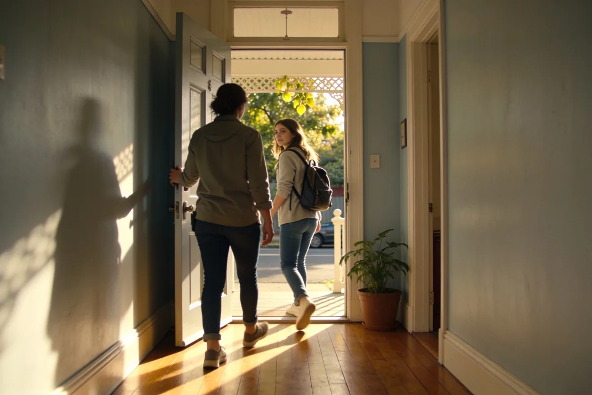 A support worker holding the front door open as a young woman with a backpack steps out of a sunlit Melbourne terrace house.