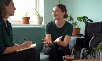 A support coordinator and a young woman having an NDIS planning conversation in a bright home living room.