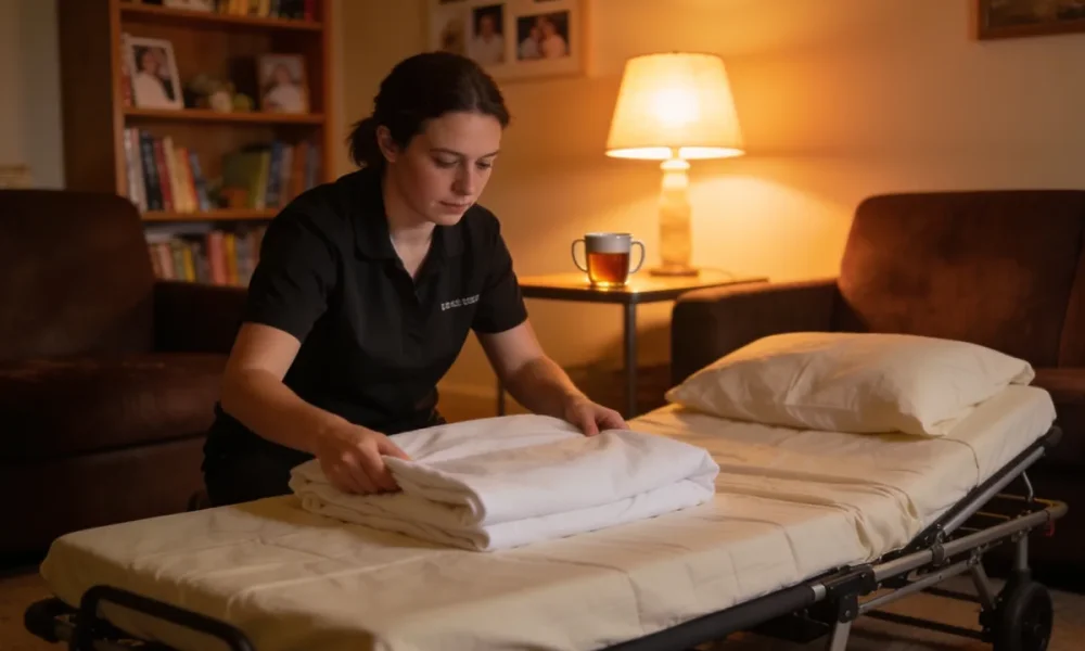 NDIS support worker making up a fold-out bed in a softly lit Australian lounge at night during a sleepover shift
