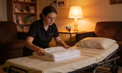 NDIS support worker making up a fold-out bed in a softly lit Australian lounge at night during a sleepover shift