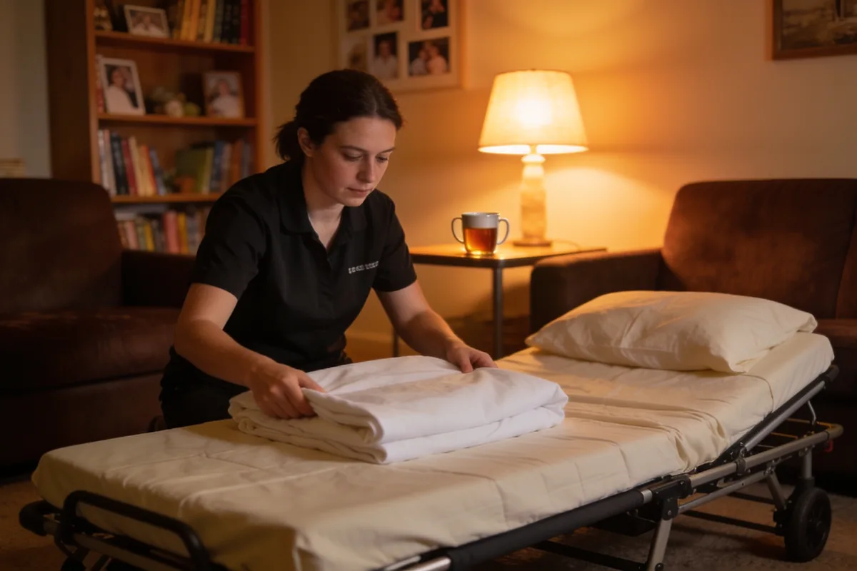 NDIS support worker making up a fold-out bed in a softly lit Australian lounge at night during a sleepover shift