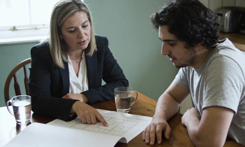 NDIS support coordinator and participant reviewing a printed plan together at a timber kitchen table in an Australian home
