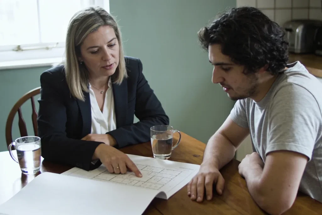 NDIS support coordinator and participant reviewing a printed plan together at a timber kitchen table in an Australian home