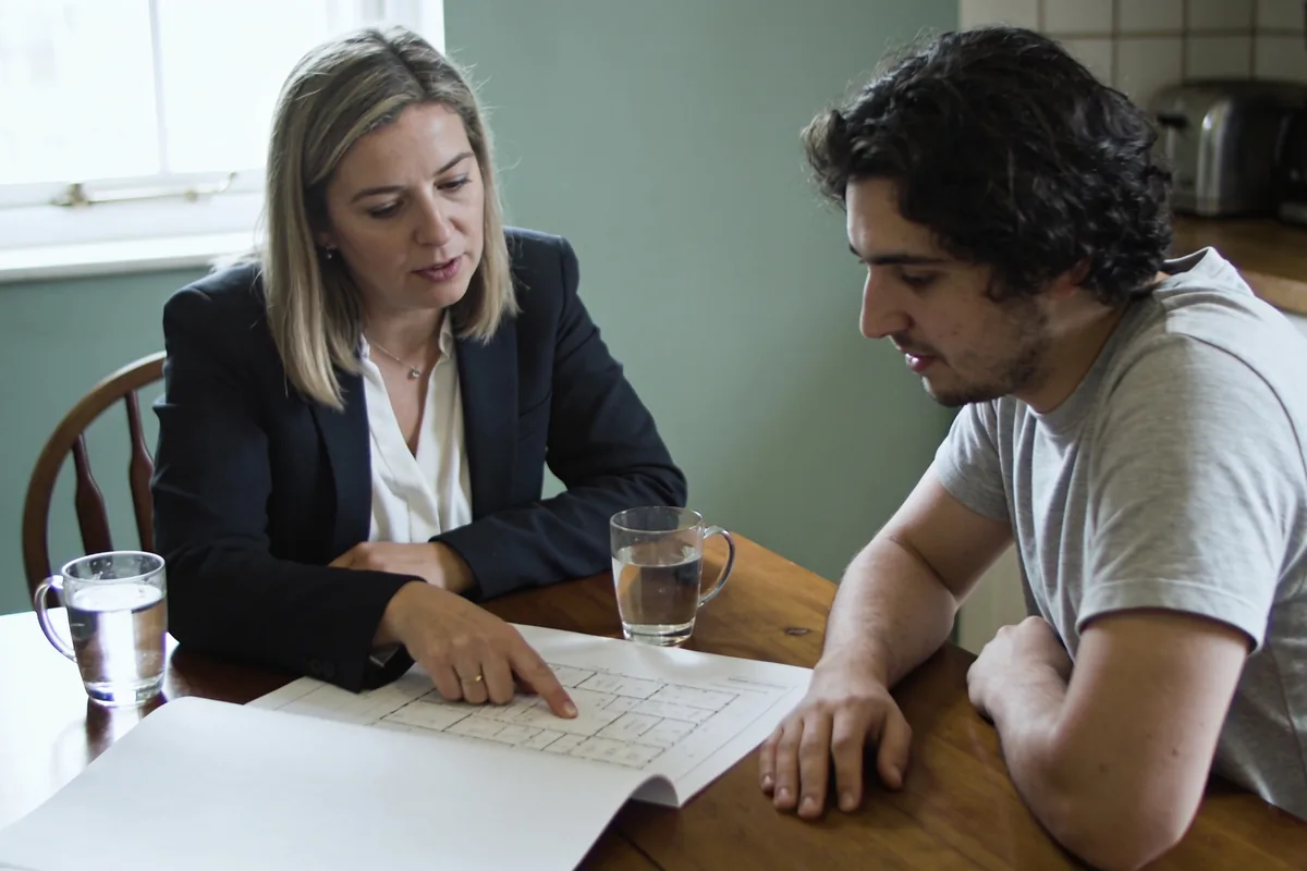 NDIS support coordinator and participant reviewing a printed plan together at a timber kitchen table in an Australian home