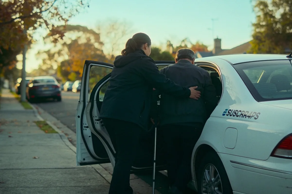 A support worker helping a man with a walking cane into an unmarked white car on a quiet suburban Melbourne street in early morning light.