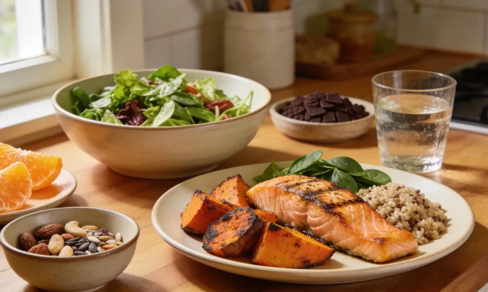spread of salmon, salad, nuts and citrus on a kitchen table