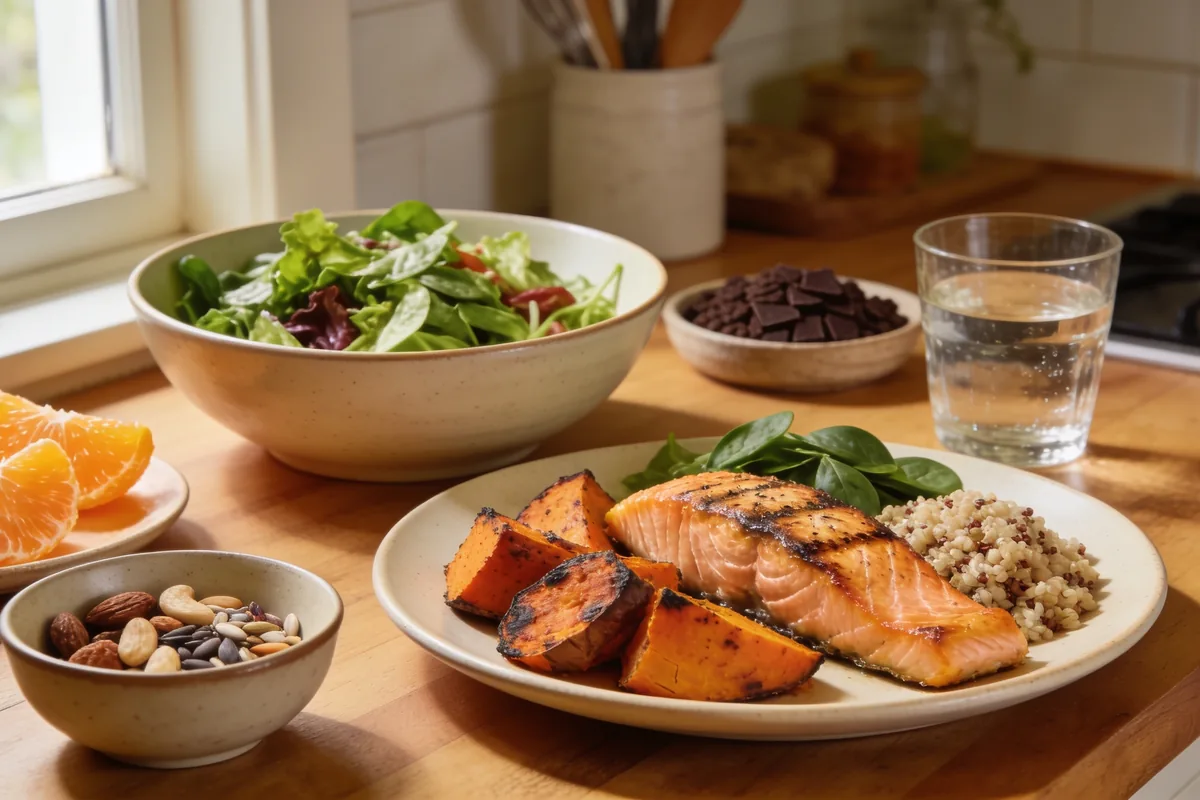 spread of salmon, salad, nuts and citrus on a kitchen table