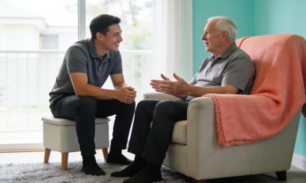 Care worker seated at eye level listening to an older man in an armchair in a light-filled Australian lounge