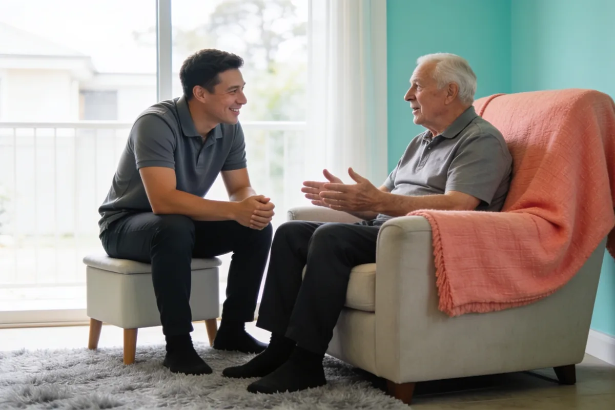Care worker seated at eye level listening to an older man in an armchair in a light-filled Australian lounge