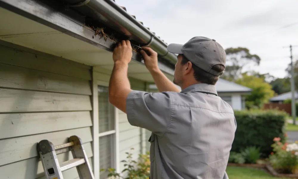 A pest technician inspecting the roofline of a suburban Melbourne home in daylight.