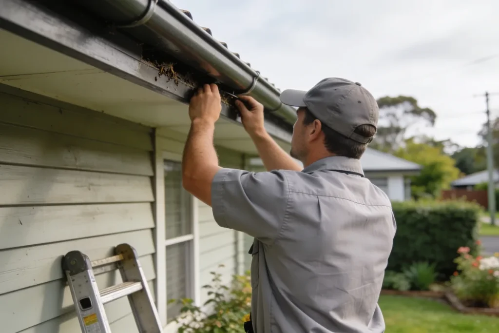 A pest technician inspecting the roofline of a suburban Melbourne home in daylight.