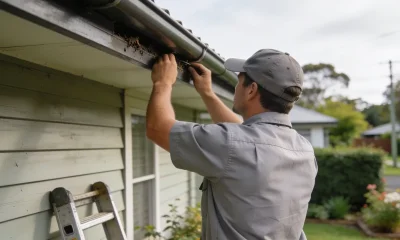 A pest technician inspecting the roofline of a suburban Melbourne home in daylight.