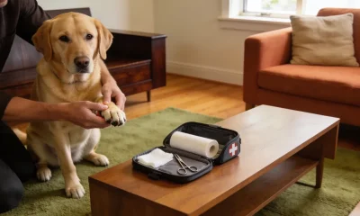 person checking a dog's paw beside an open pet first-aid kit