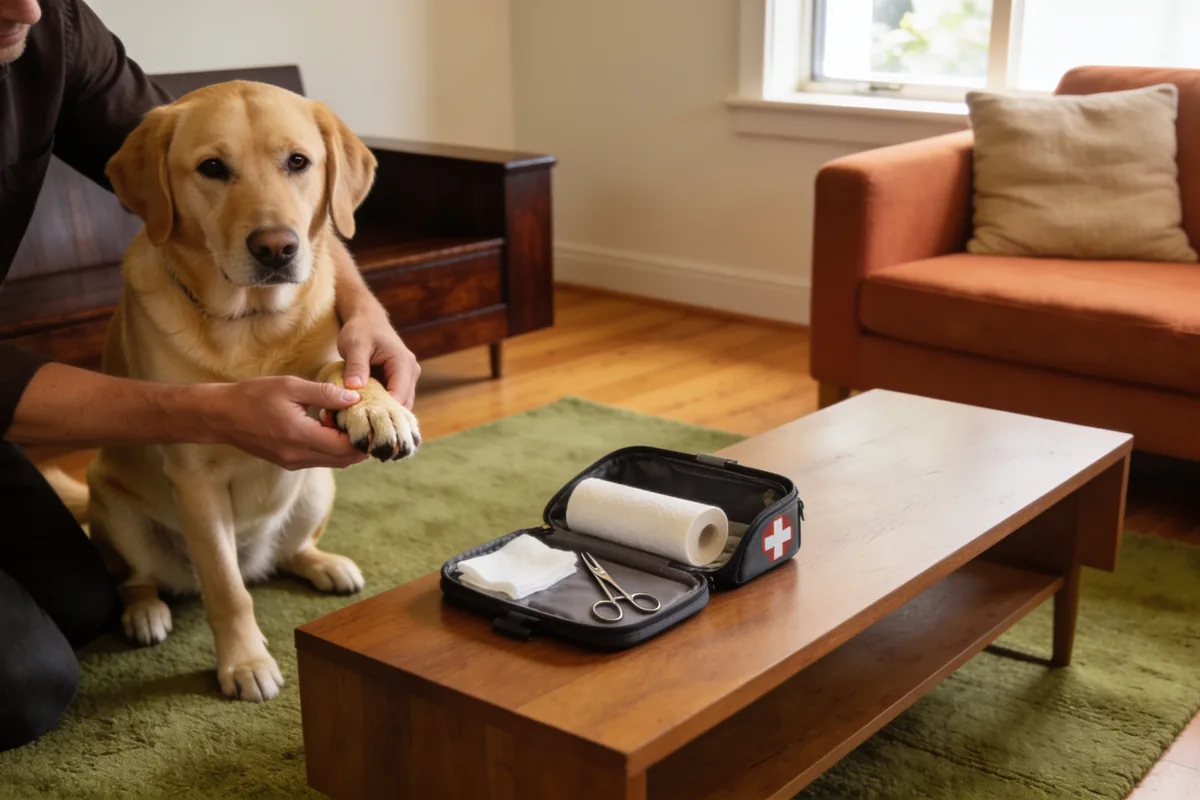 person checking a dog's paw beside an open pet first-aid kit
