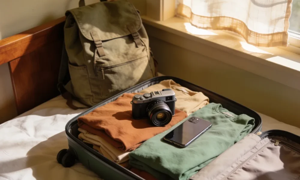 Open suitcase on a bed with a mirrorless camera and a smartphone side by side among folded clothes