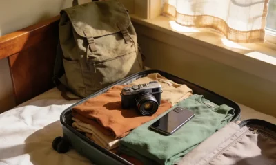 Open suitcase on a bed with a mirrorless camera and a smartphone side by side among folded clothes