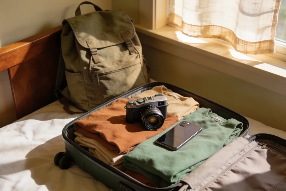 Open suitcase on a bed with a mirrorless camera and a smartphone side by side among folded clothes