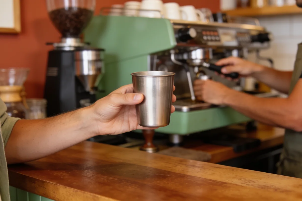 Customer at a local cafe counter holding out a plain stainless reusable coffee cup to the barista.