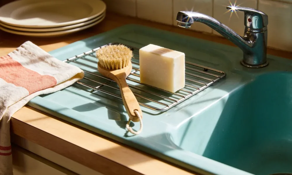 A pale natural dish soap bar and a wooden dish brush on a draining rack beside a ceramic kitchen sink in warm afternoon light.