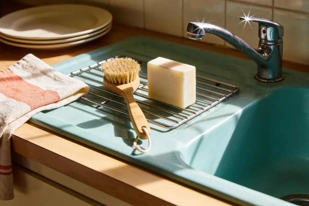 A pale natural dish soap bar and a wooden dish brush on a draining rack beside a ceramic kitchen sink in warm afternoon light.