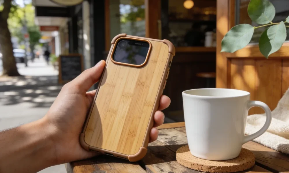 Hand holding a smartphone in a bamboo-backed phone case with raised corners on an outdoor Melbourne cafe table in natural light.