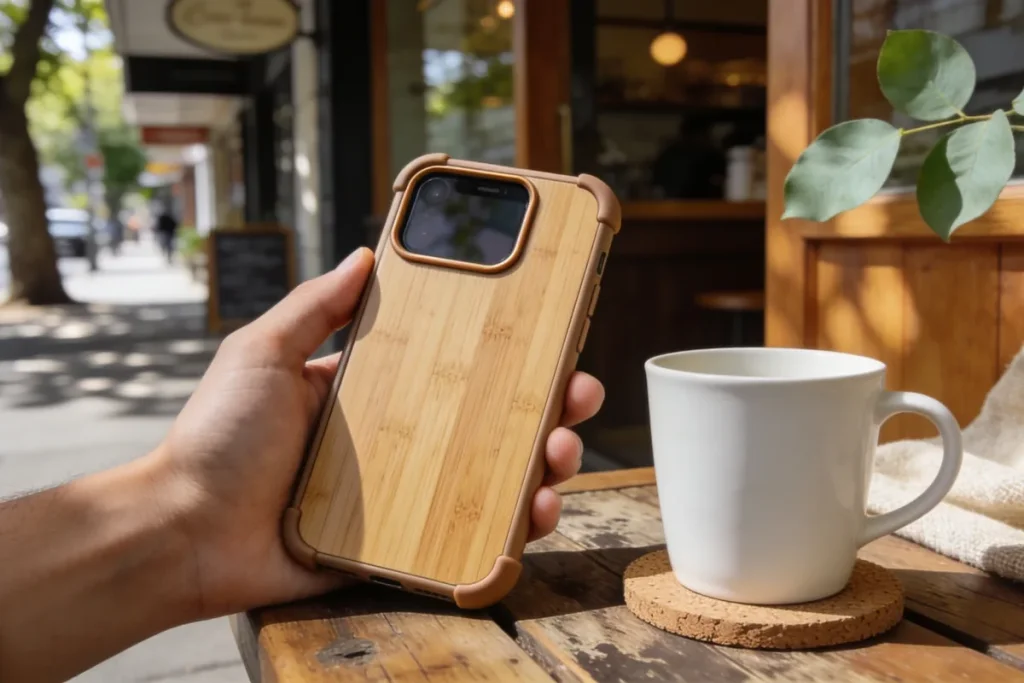 Hand holding a smartphone in a bamboo-backed phone case with raised corners on an outdoor Melbourne cafe table in natural light.