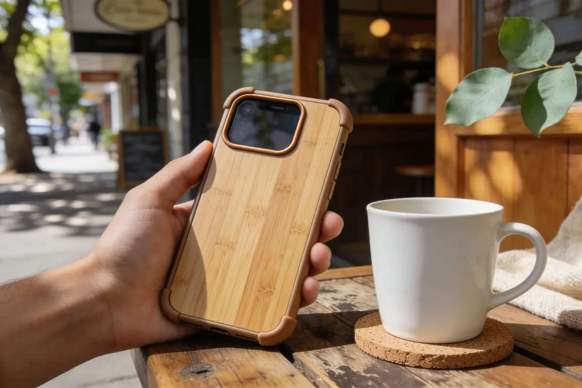 Hand holding a smartphone in a bamboo-backed phone case with raised corners on an outdoor Melbourne cafe table in natural light.