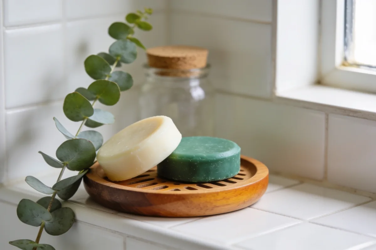 Two solid shampoo and conditioner bars on a small wooden dish in a bright Australian bathroom, a sprig of eucalyptus beside them.