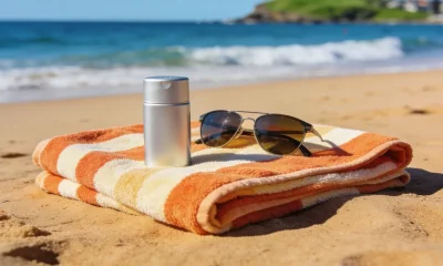 An unlabelled metal sunscreen tin and sunglasses resting on a striped towel on an Australian beach with ocean and headland behind.
