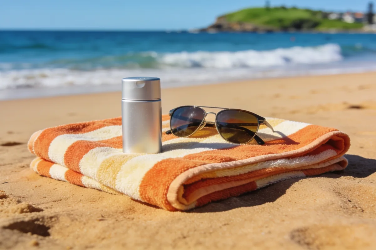 An unlabelled metal sunscreen tin and sunglasses resting on a striped towel on an Australian beach with ocean and headland behind.