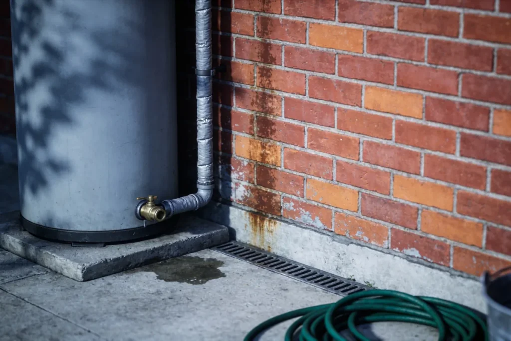 Outdoor storage hot water cylinder on a concrete pad against a red brick wall on a suburban side path, with insulated pipework, a brass valve at the base, a damp patch on the concrete and a coiled green hose beside a galvanised bucket
