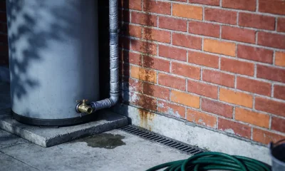 Outdoor storage hot water cylinder on a concrete pad against a red brick wall on a suburban side path, with insulated pipework, a brass valve at the base, a damp patch on the concrete and a coiled green hose beside a galvanised bucket
