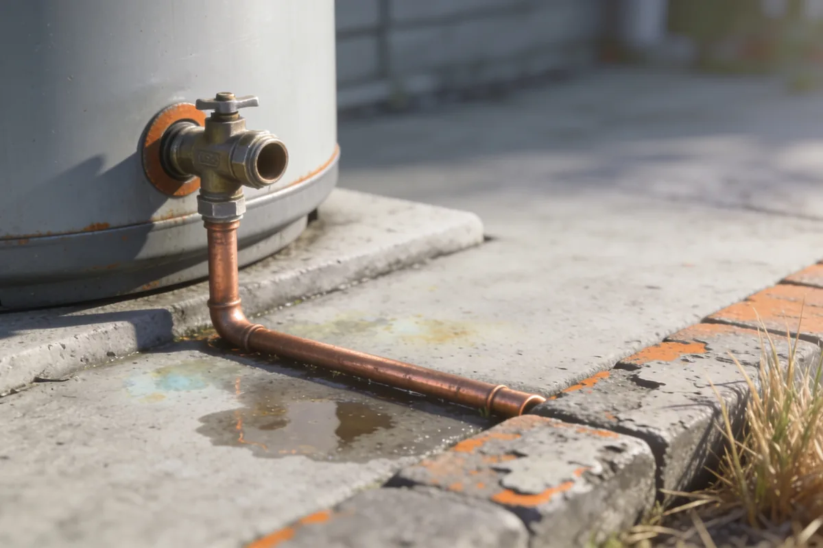 Close view of the base of an outdoor hot water cylinder with a brass valve and copper drain line reaching down to a concrete pad, a damp stain below the pipe and a weathered paving edge with dry grass