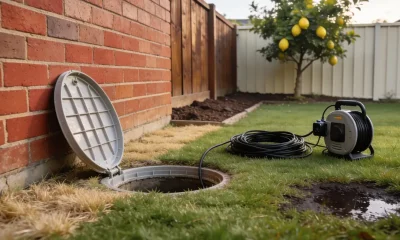 Open plastic drain inspection point set in a backyard lawn beside a red brick wall, its lid resting on the grass with a coil of camera cable running from a reel on the turf beside a damp patch