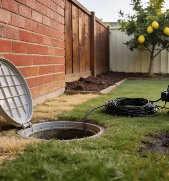 Open plastic drain inspection point set in a backyard lawn beside a red brick wall, its lid resting on the grass with a coil of camera cable running from a reel on the turf beside a damp patch