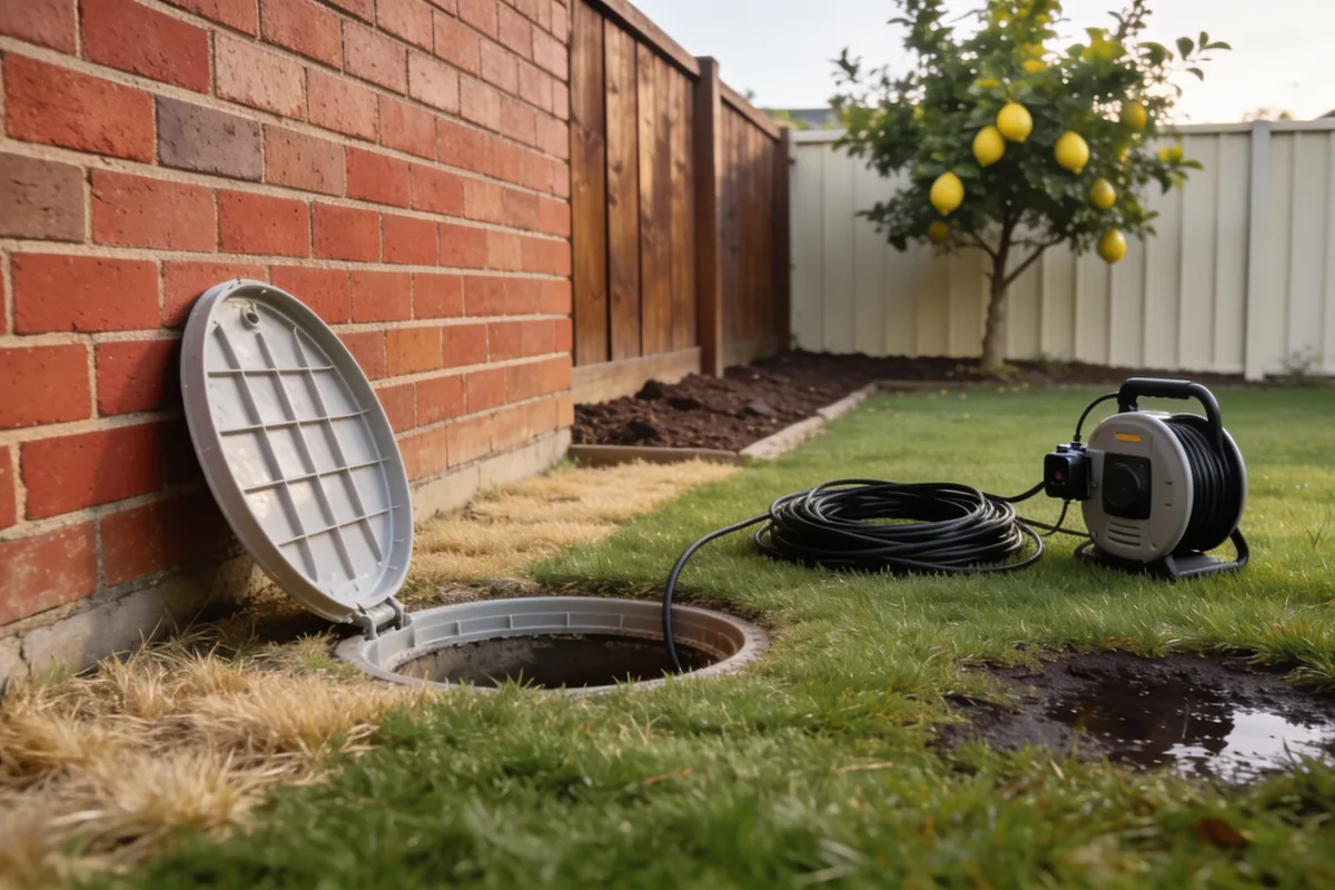 Open plastic drain inspection point set in a backyard lawn beside a red brick wall, its lid resting on the grass with a coil of camera cable running from a reel on the turf beside a damp patch