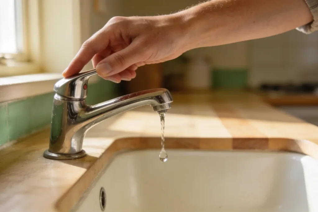 A hand reaching to turn off a dripping chrome kitchen tap in the morning light.