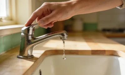 A hand reaching to turn off a dripping chrome kitchen tap in the morning light.