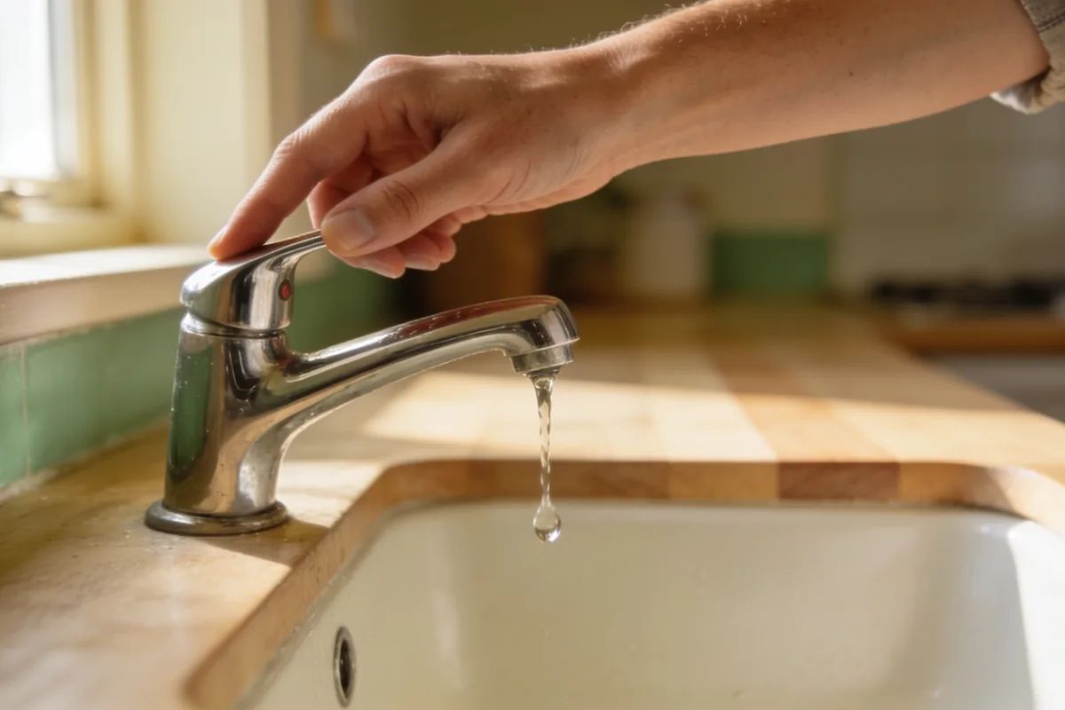 A hand reaching to turn off a dripping chrome kitchen tap in the morning light.