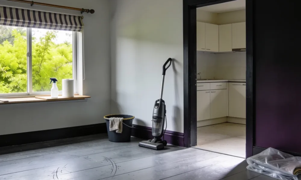 Empty living room mid-clean in bright morning light, with bare floorboards carrying faint scuff marks, a vacuum cleaner against the skirting, a bucket with a cloth draped over the rim, cleaning spray and paper towel by the window, and a bare kitchen through the doorway
