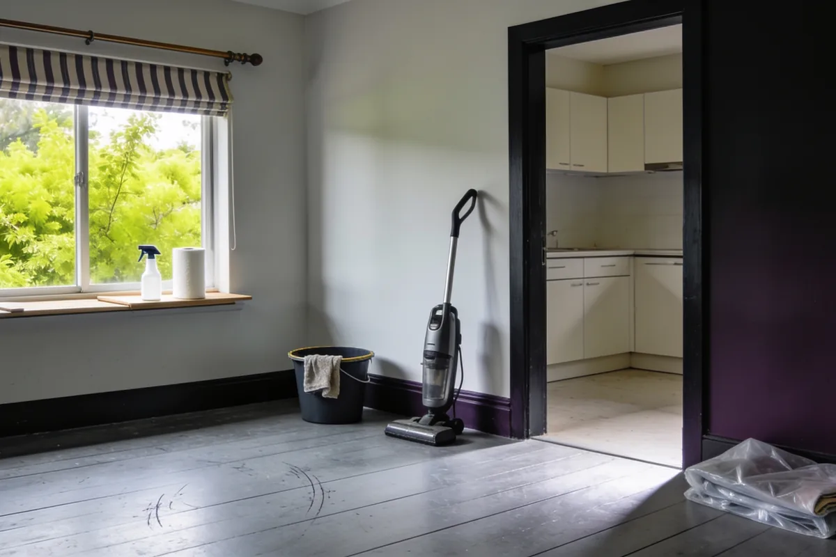 Empty living room mid-clean in bright morning light, with bare floorboards carrying faint scuff marks, a vacuum cleaner against the skirting, a bucket with a cloth draped over the rim, cleaning spray and paper towel by the window, and a bare kitchen through the doorway