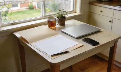 A small kitchen table by a curtained window in an Australian home in mid-morning light, with an open manila folder and blank pages, a closed silver laptop, a phone and a mug of tea beside a potted plant, and a garden beyond the glass