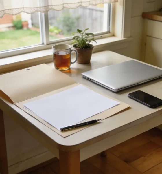 A small kitchen table by a curtained window in an Australian home in mid-morning light, with an open manila folder and blank pages, a closed silver laptop, a phone and a mug of tea beside a potted plant, and a garden beyond the glass