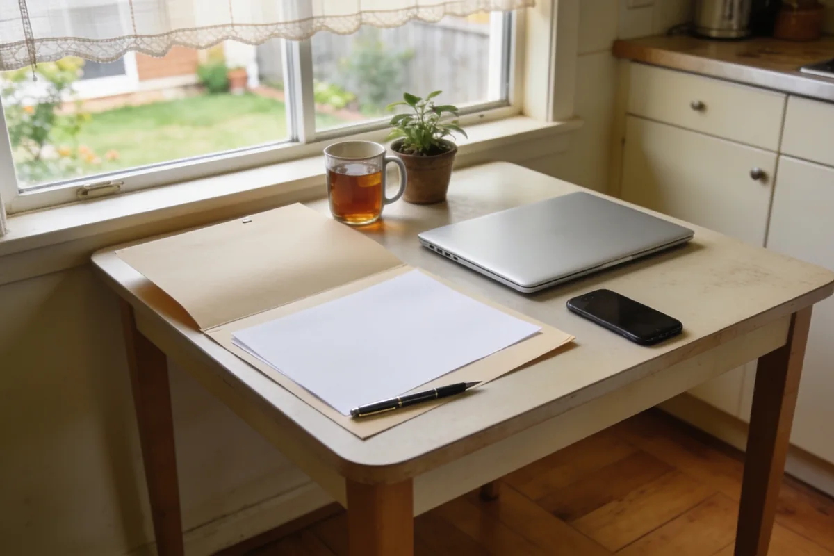A small kitchen table by a curtained window in an Australian home in mid-morning light, with an open manila folder and blank pages, a closed silver laptop, a phone and a mug of tea beside a potted plant, and a garden beyond the glass