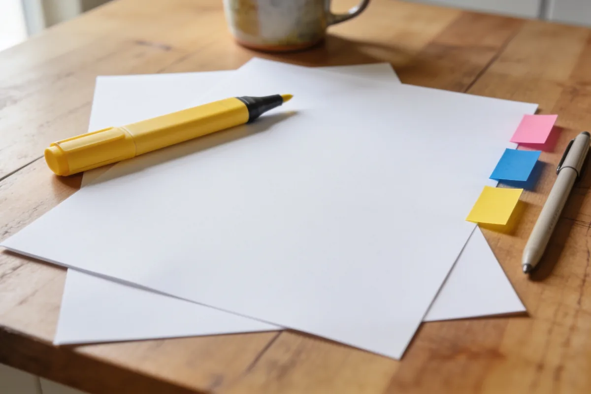 Blank white sheets of paper on a timber kitchen table seen from directly above, with a yellow highlighter across the corner, three coloured sticky tabs along the edge, a pen beside them and a mug soft at the top of the frame