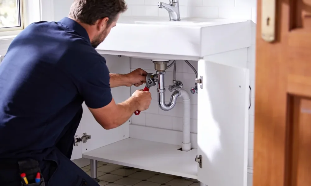 A plumber tightening pipework under a bathroom vanity in a bright Australian home.