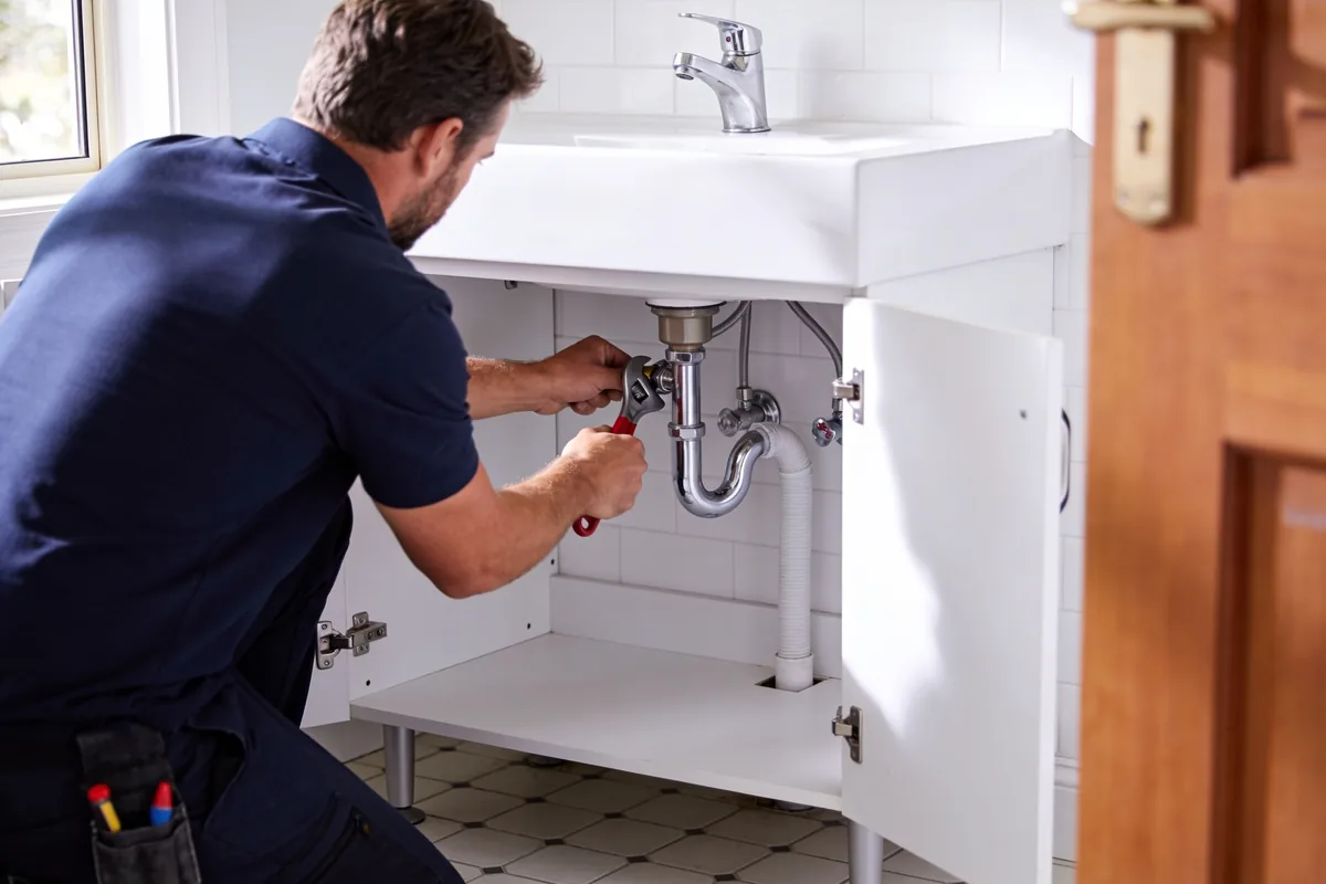 A plumber tightening pipework under a bathroom vanity in a bright Australian home.